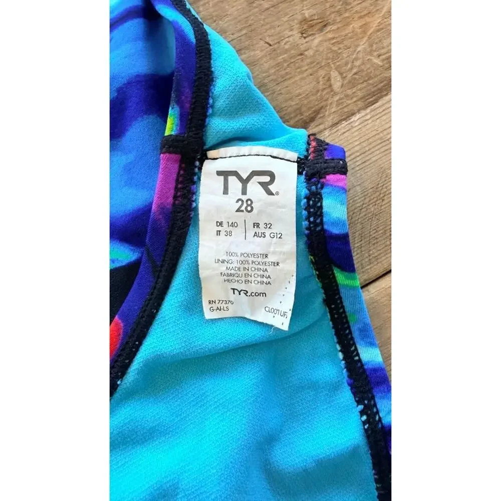 TYR Bright Multi Wave SIZE 28 Durafast Elite Cutout One Piece Swimsuit